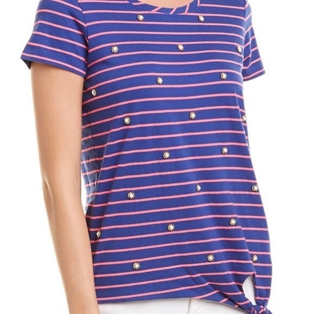 Lilly Pulitzer Navy Pink Stripe Beaded Tie Front V Neck Shirt Top Womens Large L